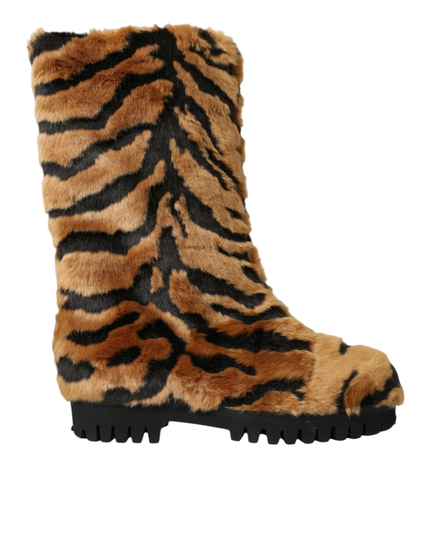 Brown Tiger Fur Leather Mid Calf Boots Shoes