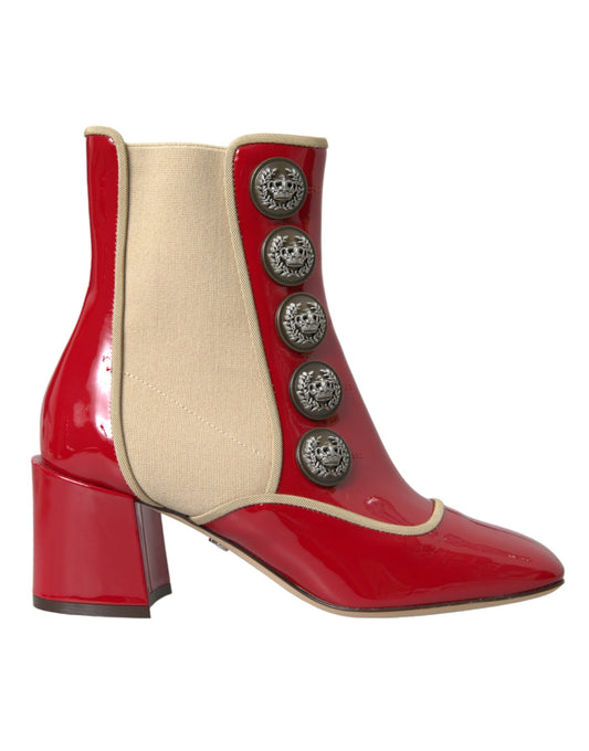 Red Beige Leather Embellished Mid Calf Boots Shoes