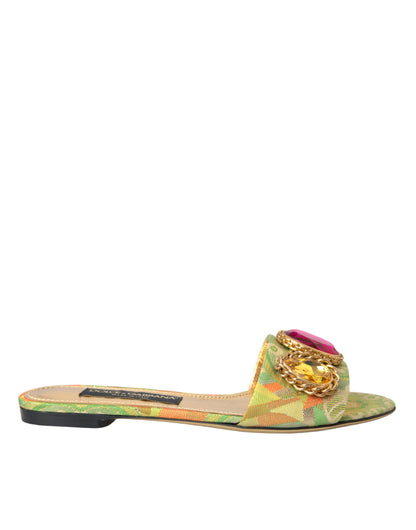 Green Crystal Jacquard Flats Sandals Shoes