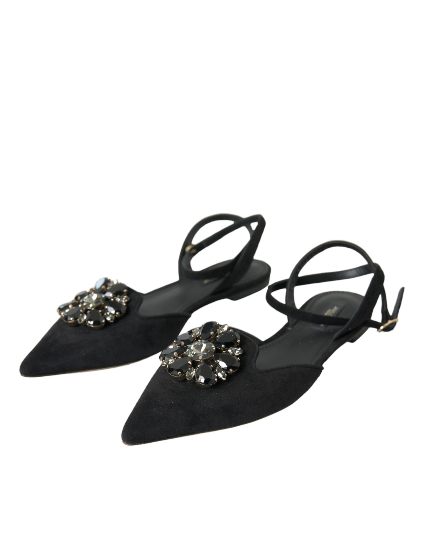 Black Leather Crystal Slingback Sandals Shoes