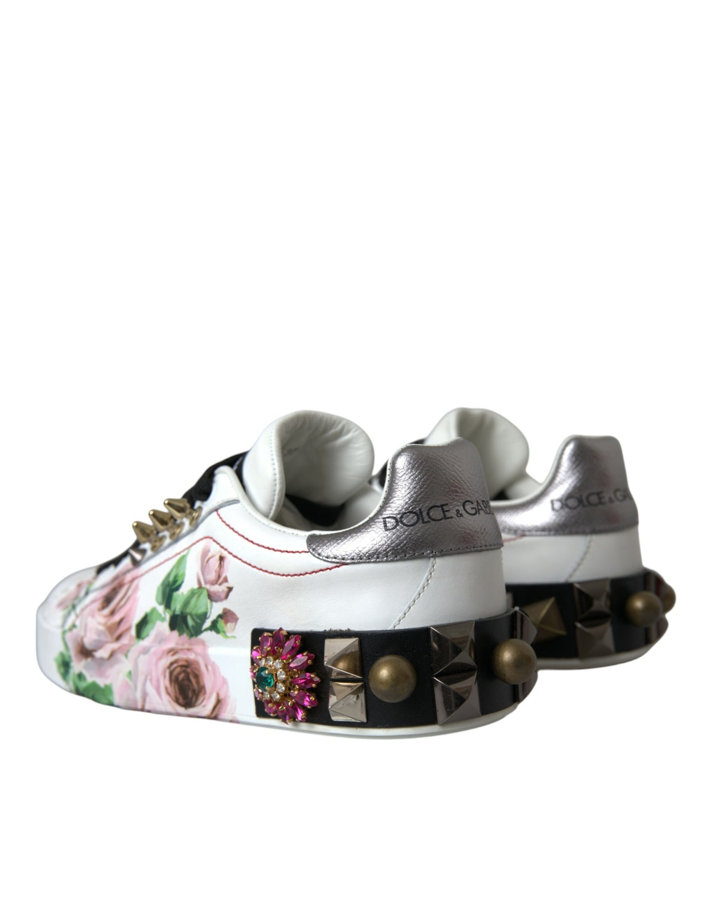 White Leather Crystal Roses Floral Sneakers Shoes