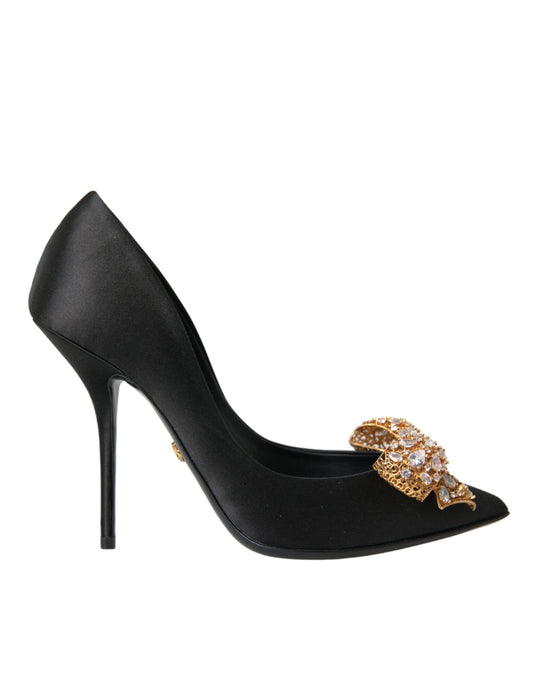 Black Satin Bow Crystal Heels Pumps Shoes