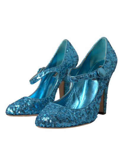 Blue Sequin Mary Jane Pumps High Heels Shoes