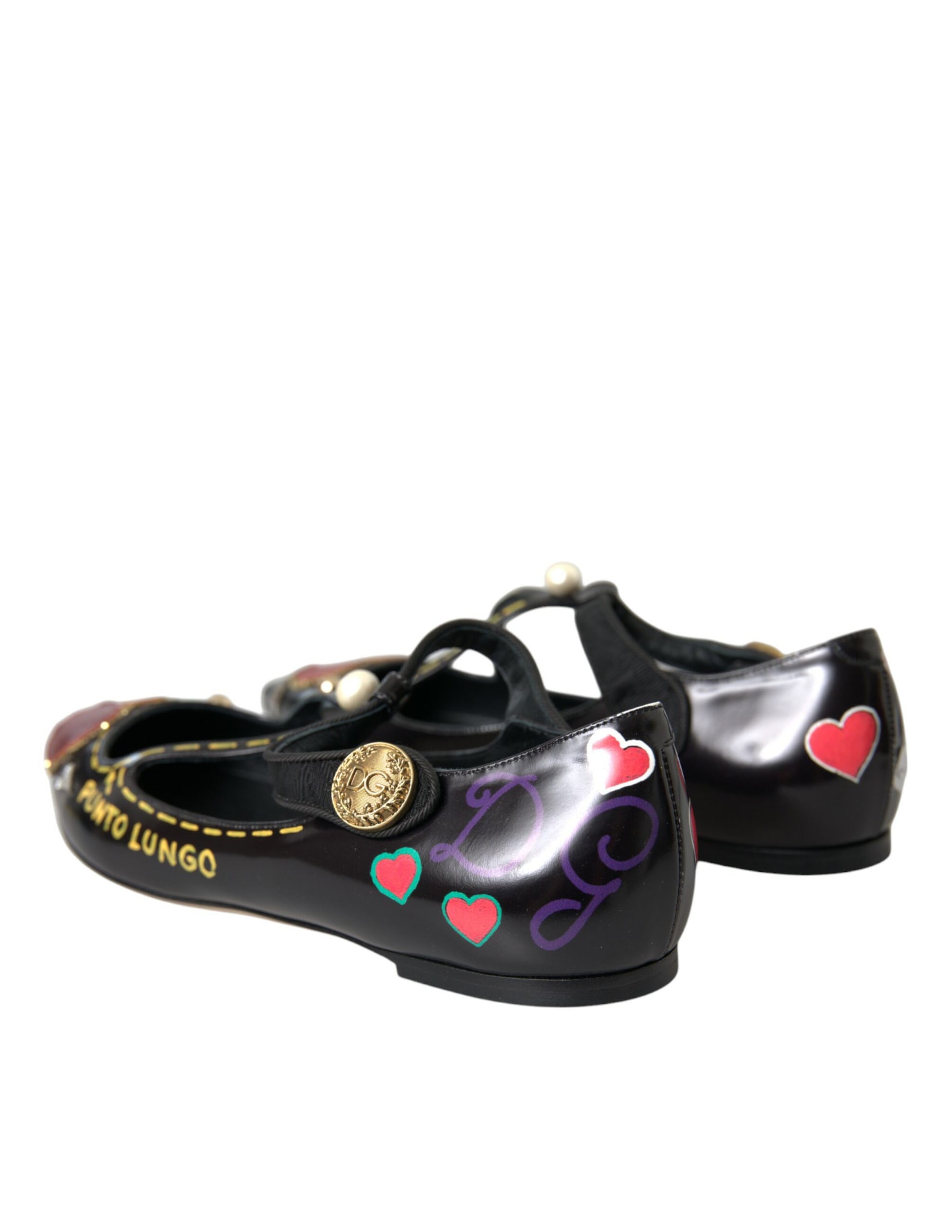 Black Leather Heart Embellished Loafers Shoes