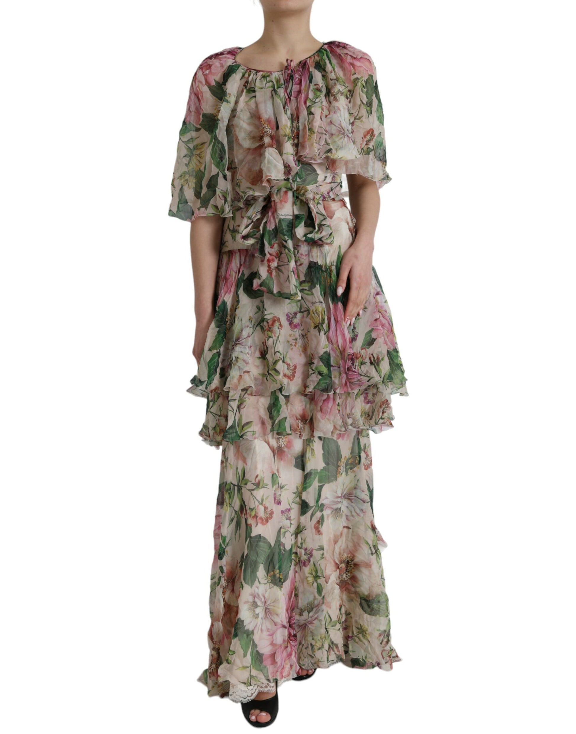 Multicolor Floral Silk Tiered Long Maxi Dress