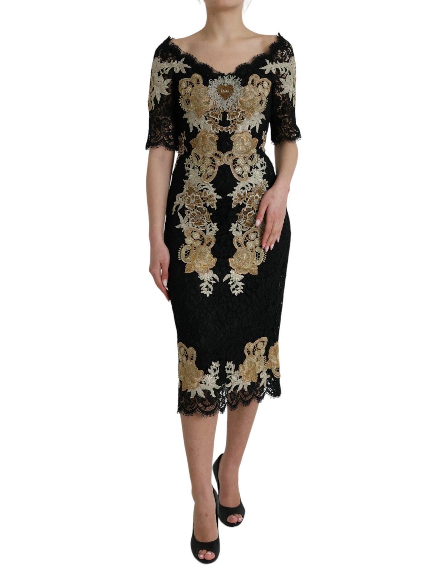 Black Floral Lace Cotton Sheath Midi Dress