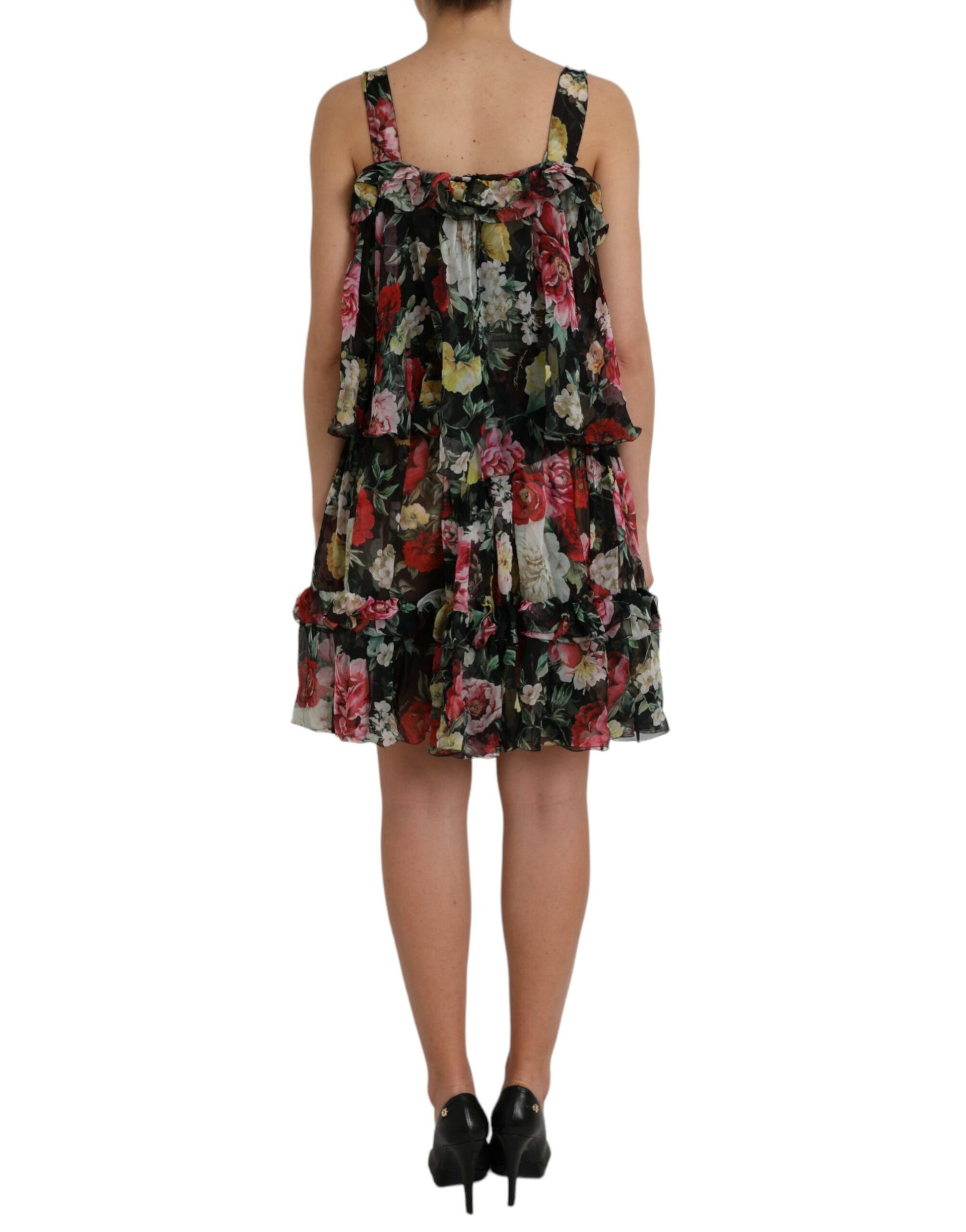 Black Floral Silk A-line Sleeveless Dress