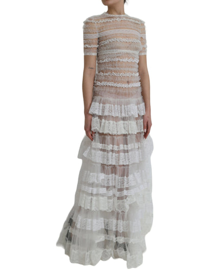 White Nylon Sheer Tiered Lace Maxi Dress