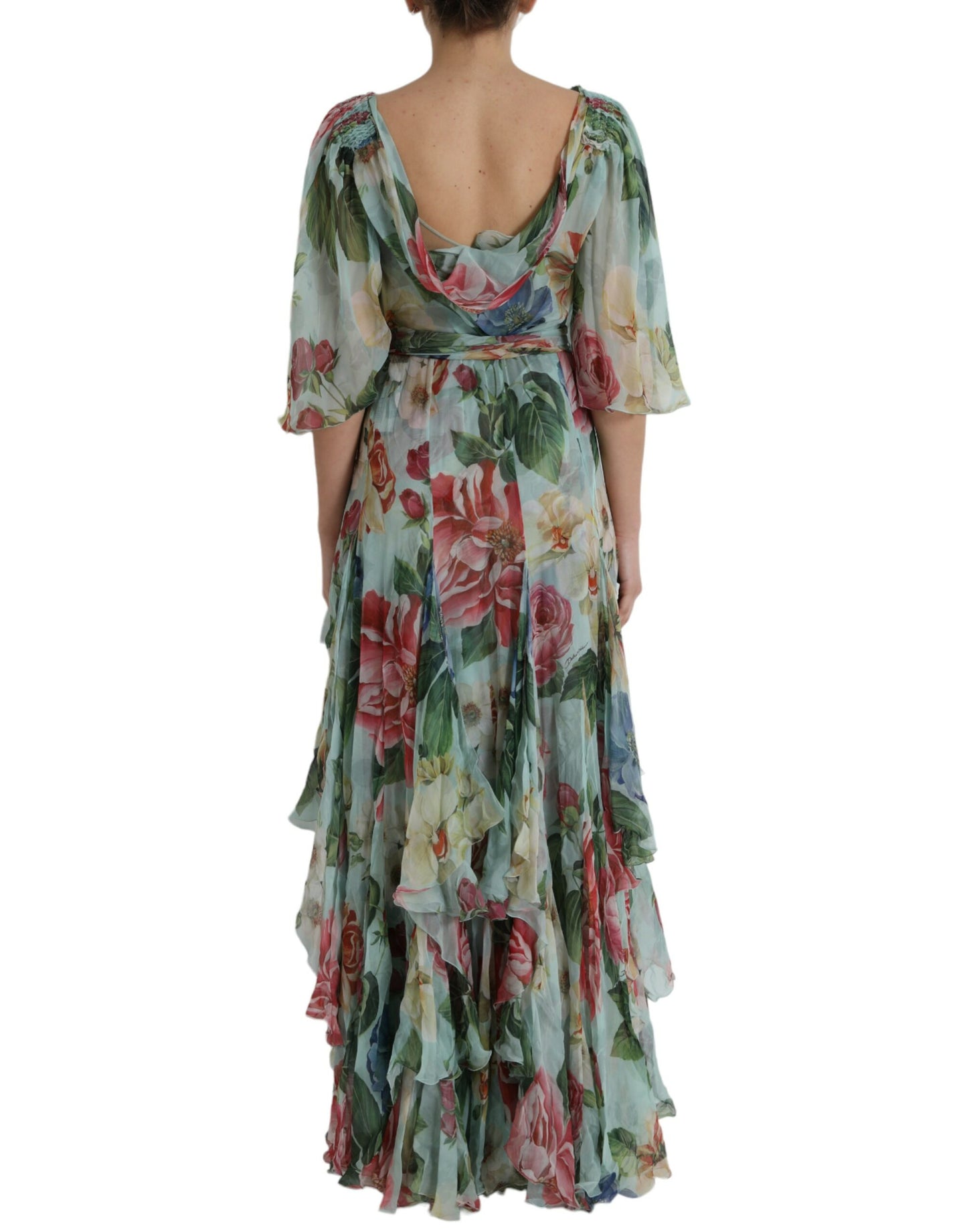 Blue Floral Print Tiered Long Maxi Dress