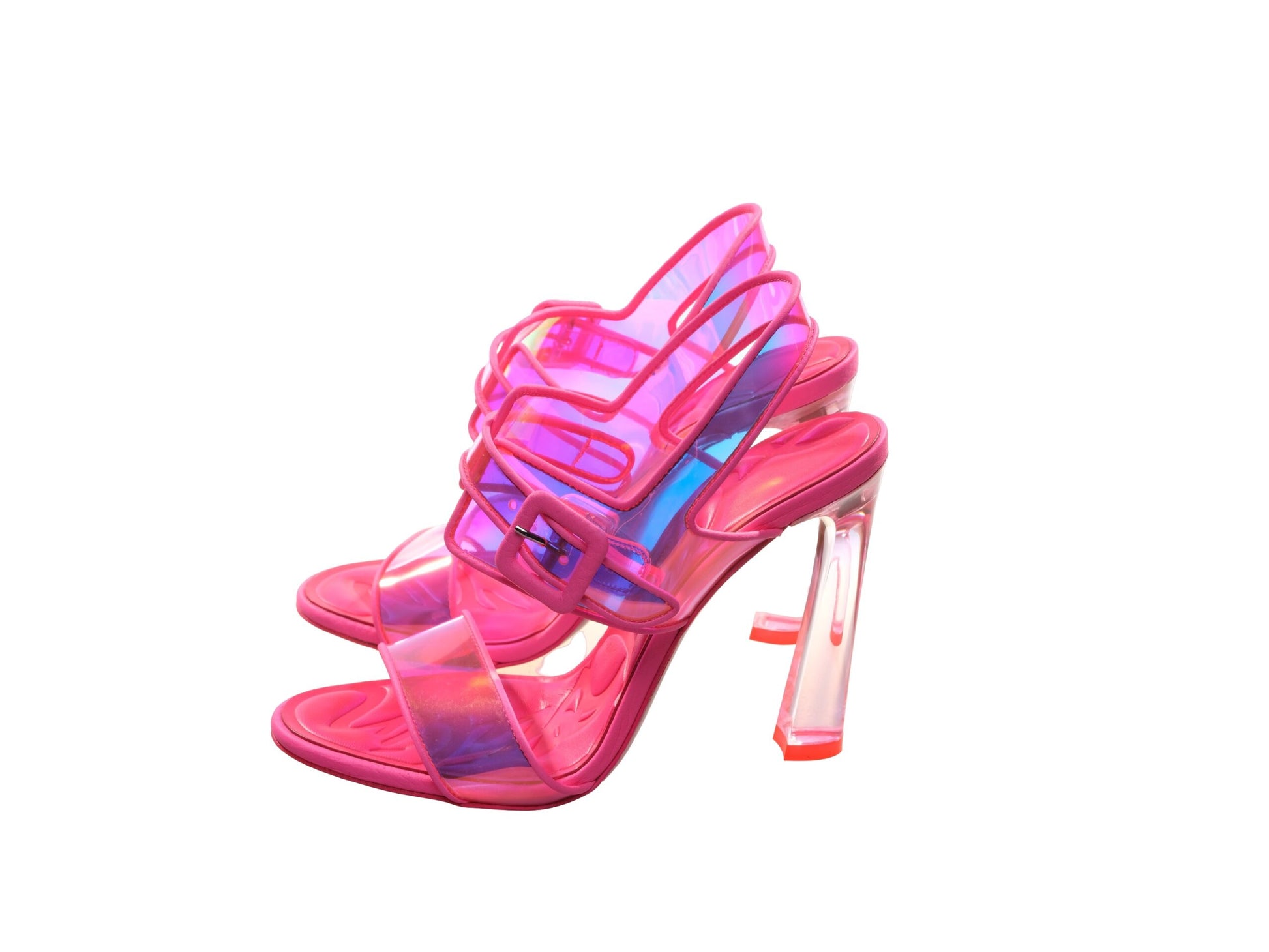 Loubi Duniss 100 Neon Fluoro Pink Strappy High Heels