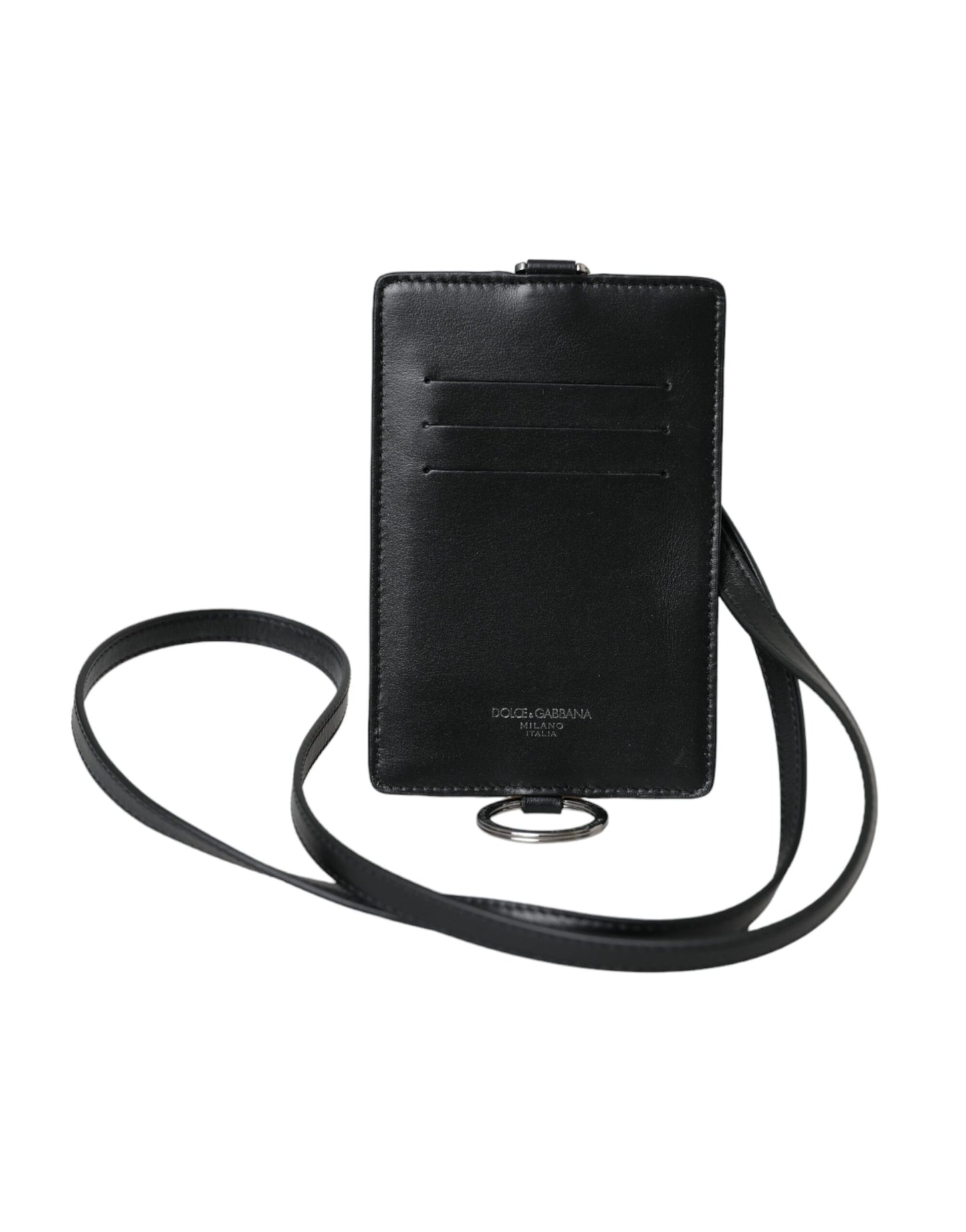 Black Calf Leather Lanyard Logo Card Holder Men Wallet