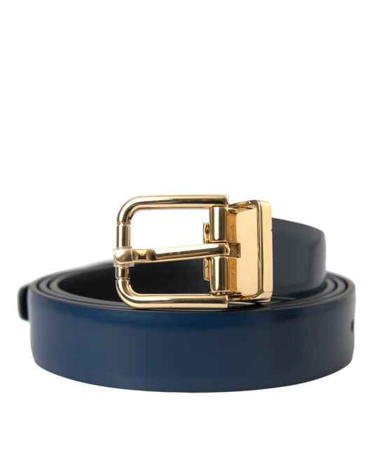 Blue Calf Leather Gold Metal Buckle Belt Men