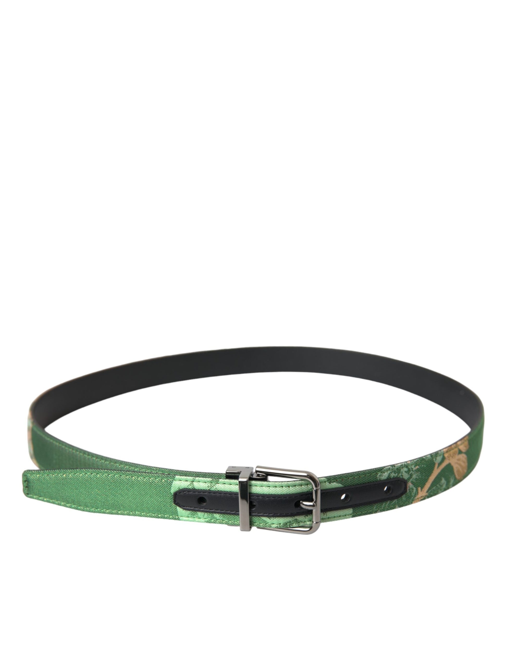 Green Leather Jacquard Silver Metal Buckle Belt