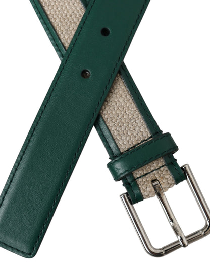 Green Beige Leather Weaved Metal Buckle Belt