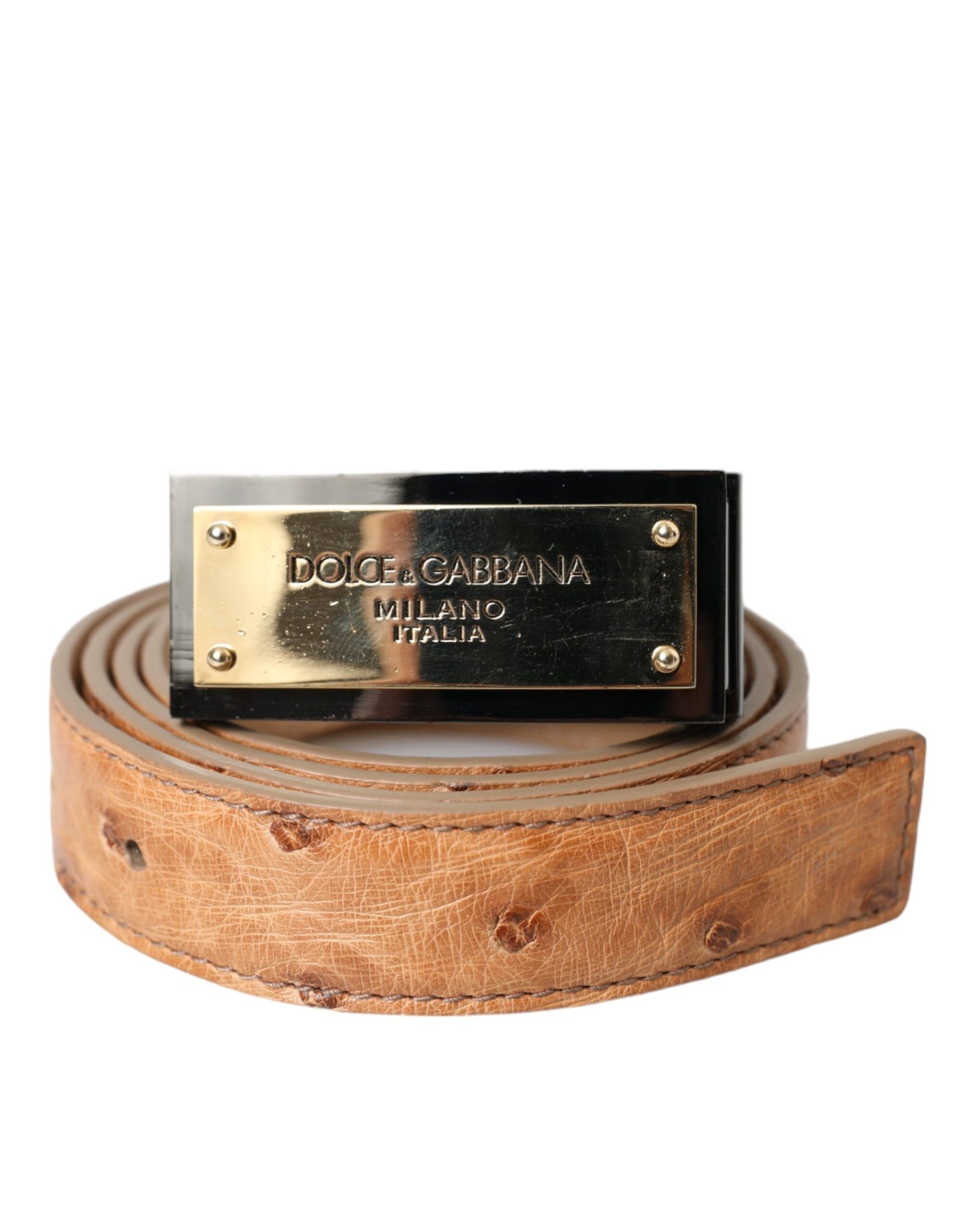 Beige Leather Gold Logo Engraved Buckle Belt