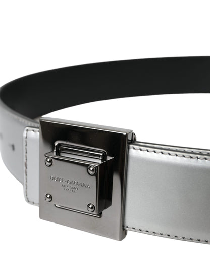 Silver Leather Square Metal Buckle Belt