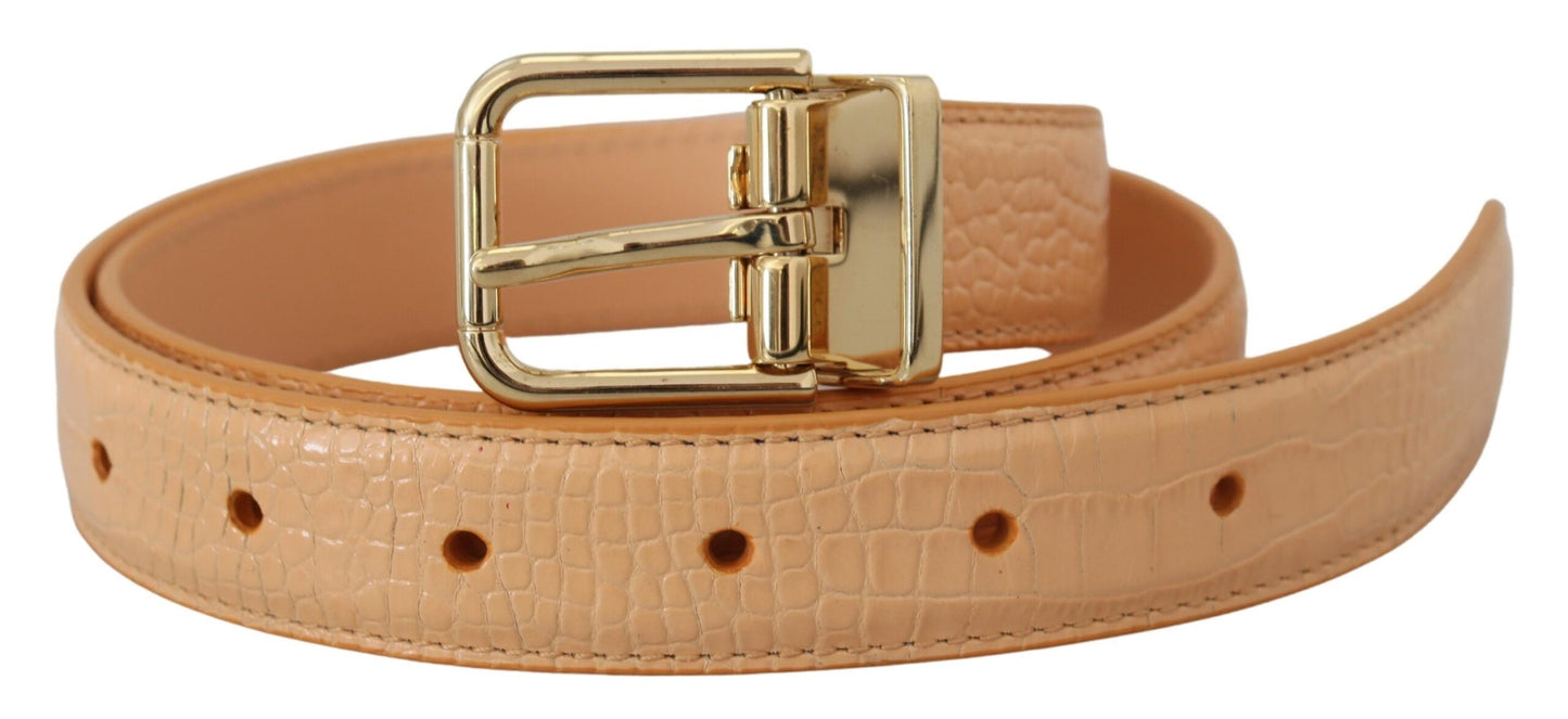 Beige Exotic Leather Gold Metal Buckle Belt