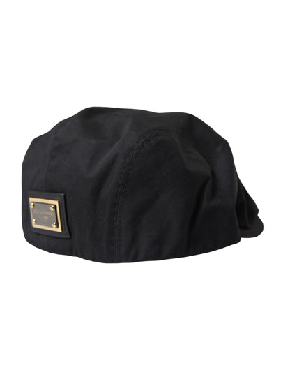 Black Cotton Blend Logo Newsboy Hat Men