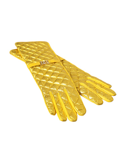 Gold Leather Quilted Mid Arm Length Gloves