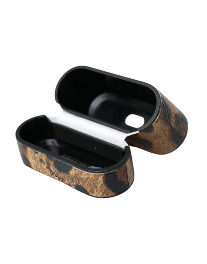 Brown Leopard Calf Leather Metal Logo Plaque Airpods Case