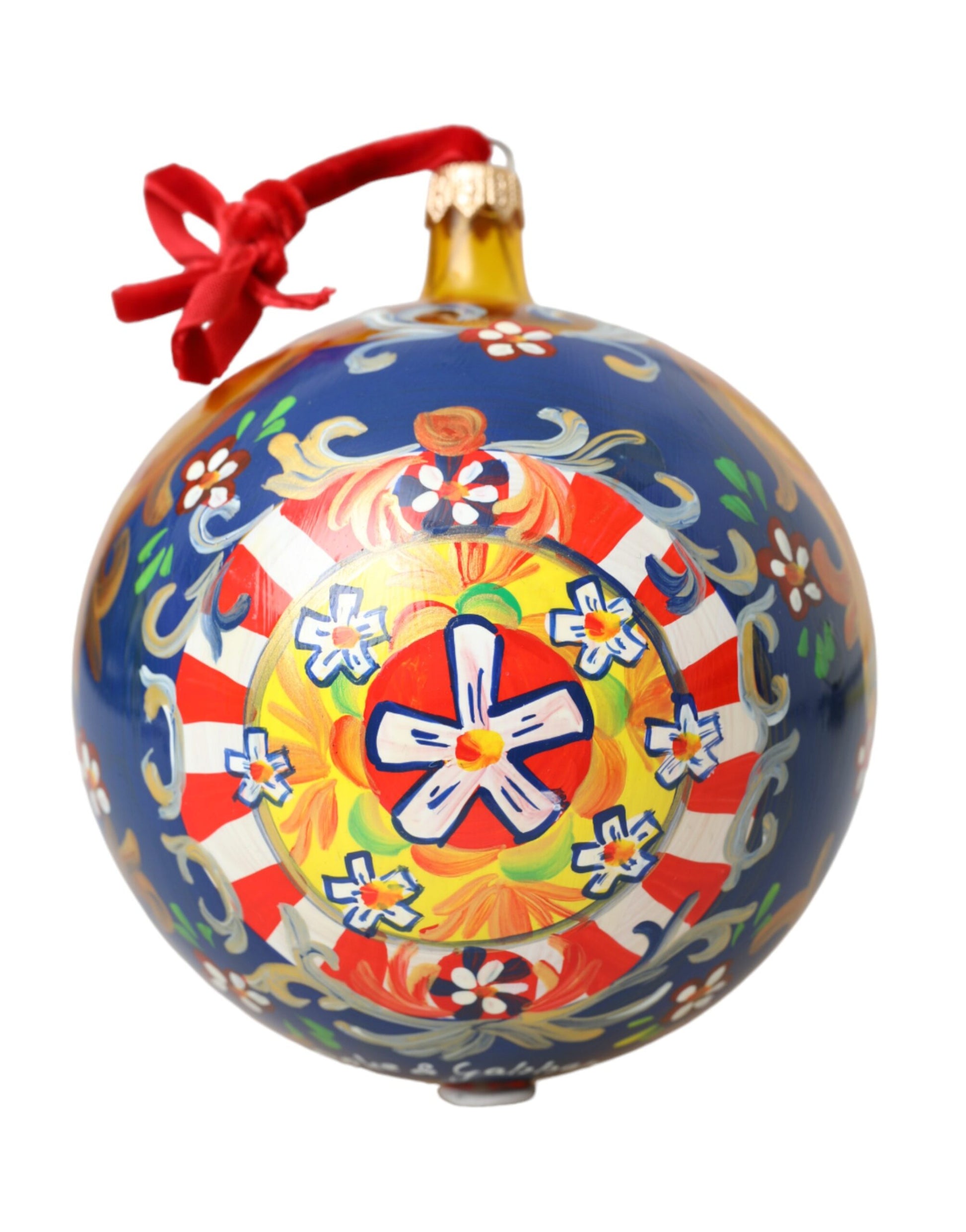 Gold Tone Carretto Print Round Ornament Christmas Ball