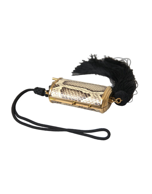 Beige Exotic Leather Mini Mirror Tassel Make Up Holder Bag