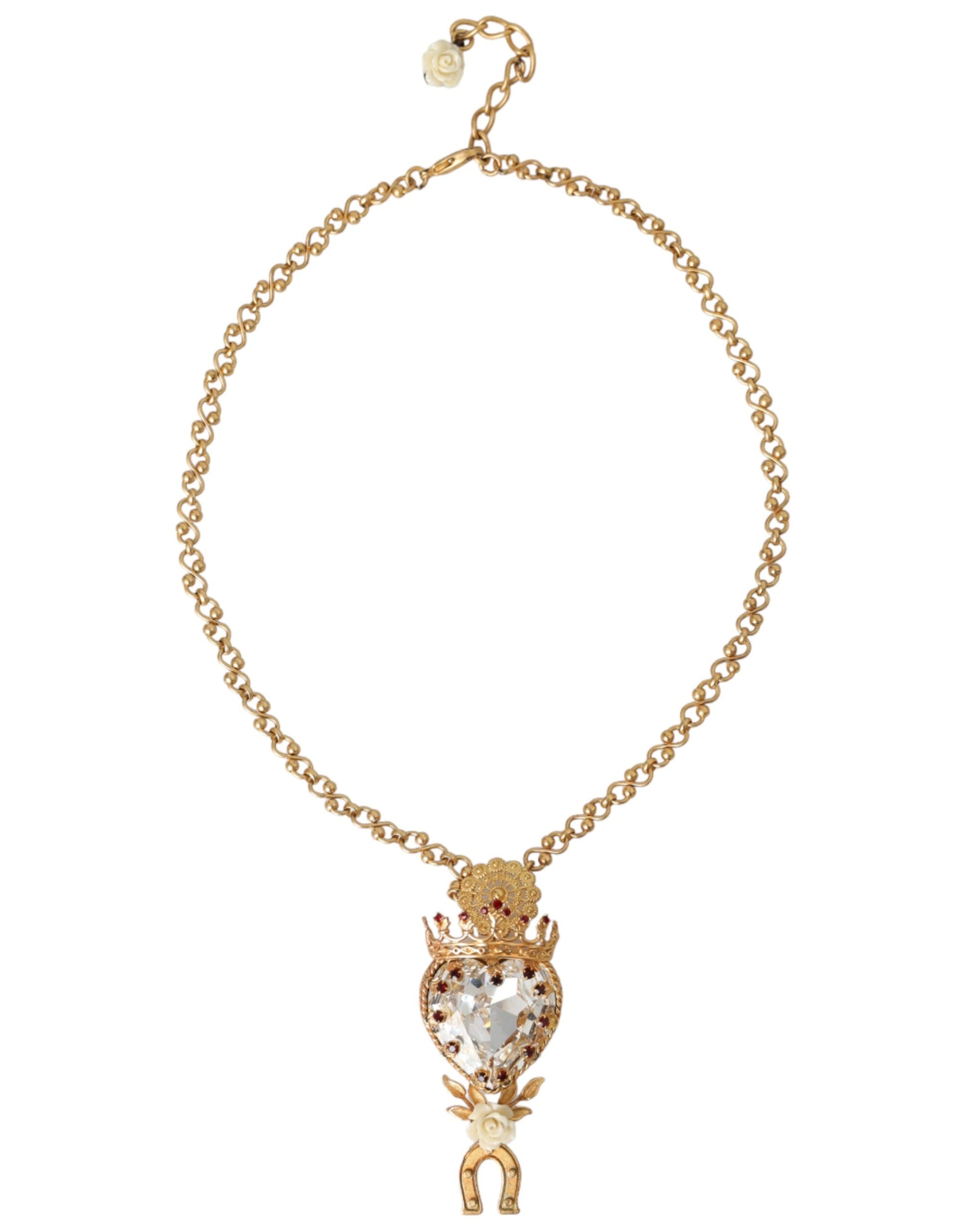 Gold Brass Chain Sacred Heart Crystal Charm Necklace