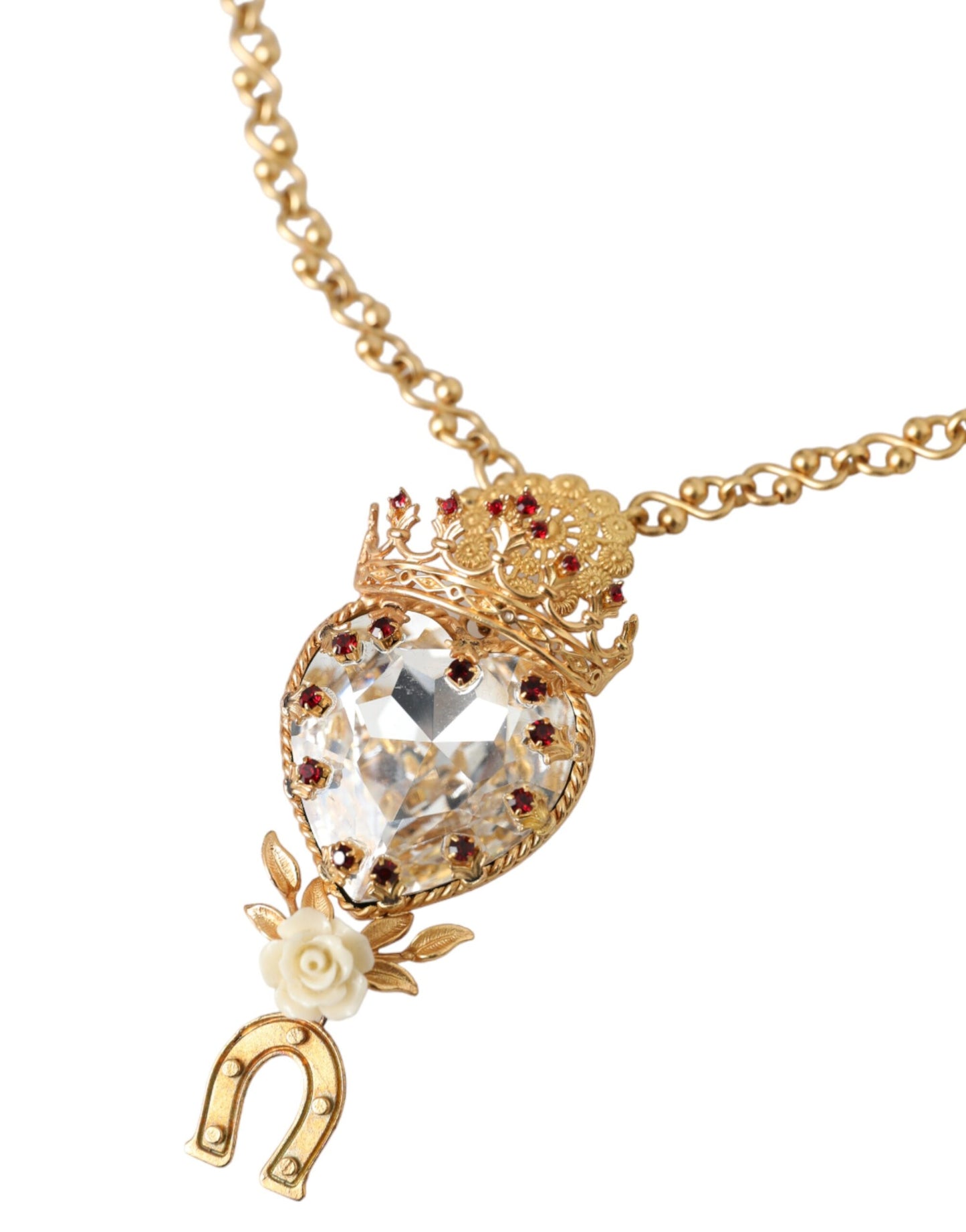 Gold Brass Chain Sacred Heart Crystal Charm Necklace