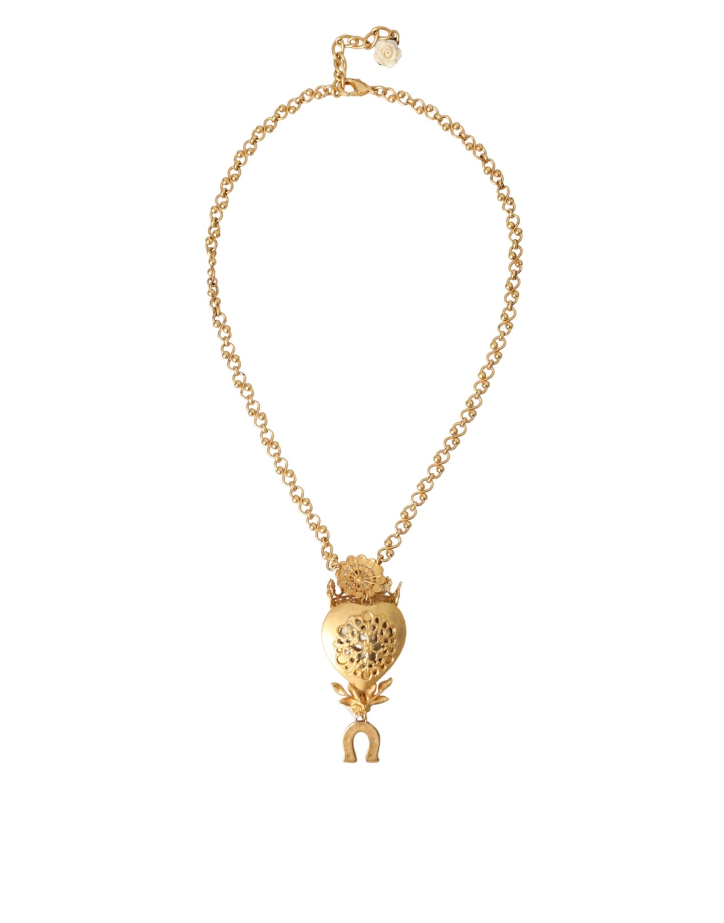 Gold Brass Chain Sacred Heart Crystal Charm Necklace