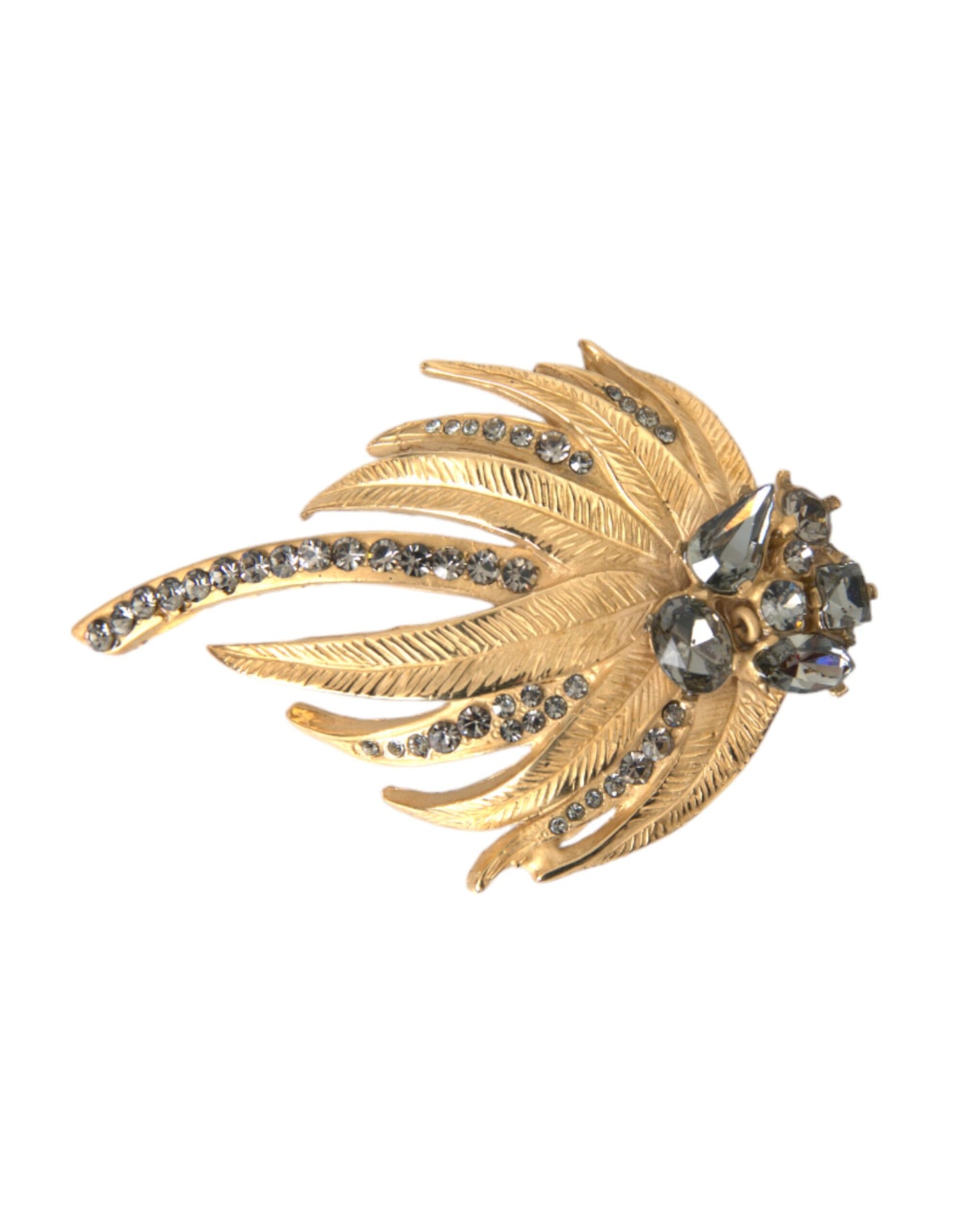 Gold Brass Leaf Crystal Embellished Brooch Pin