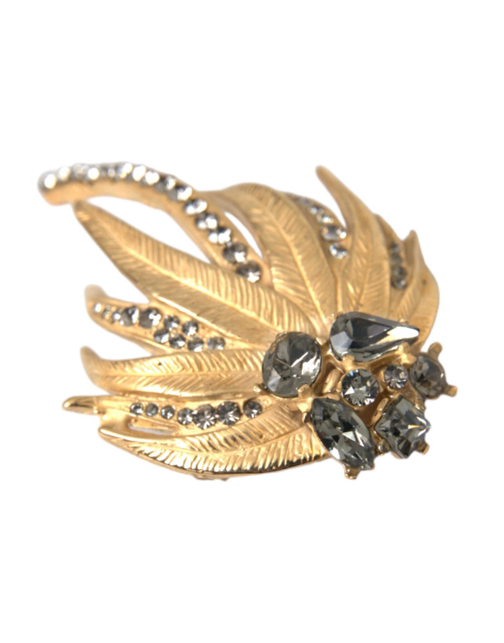 Gold Brass Leaf Crystal Embellished Brooch Pin