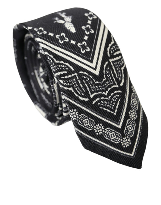 Black White Patterned 100% Silk Adjustable Tie