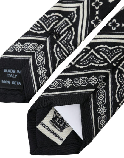 Black White Patterned 100% Silk Adjustable Tie