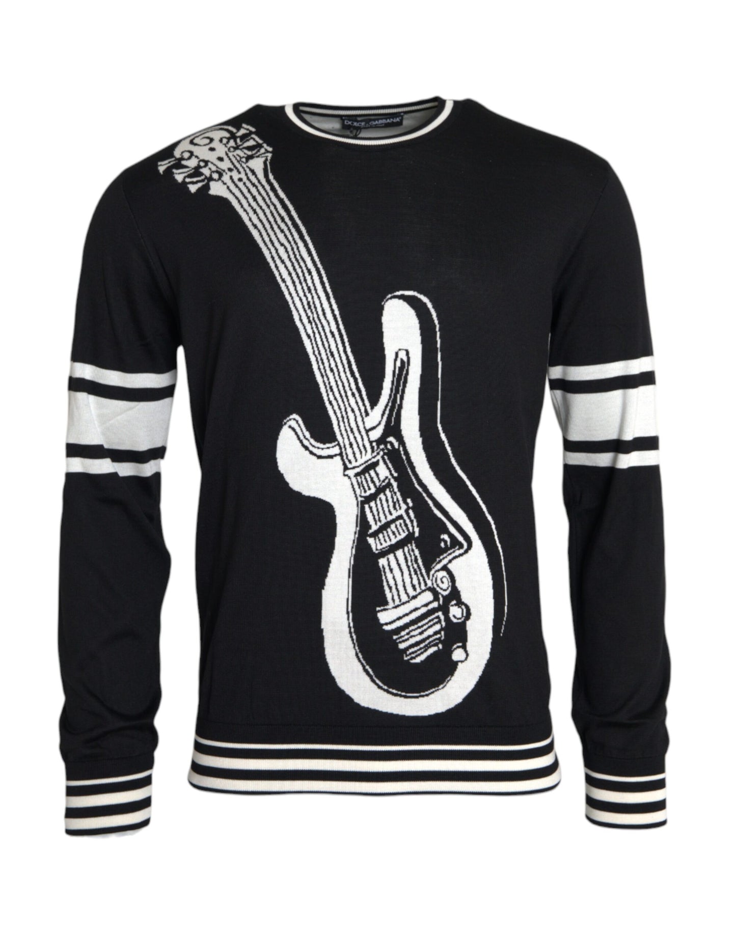 Black White Guitar Print Silk Pullover Sweater