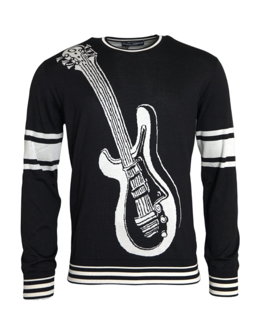 Black White Guitar Print Silk Pullover Sweater