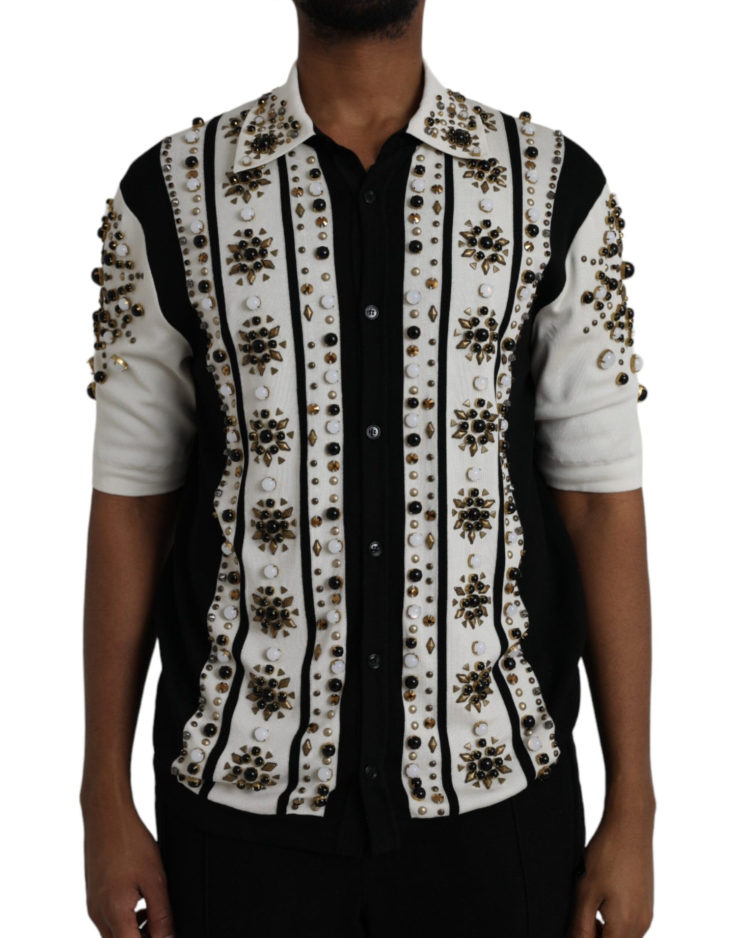 White Black Silk Studded Stone Crystal Shirt