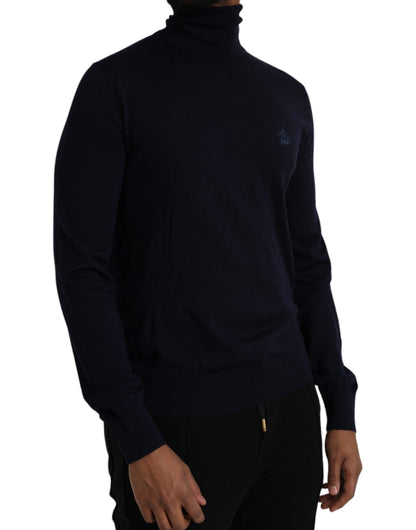 Blue Wool Crown Turtleneck Pullover Sweater