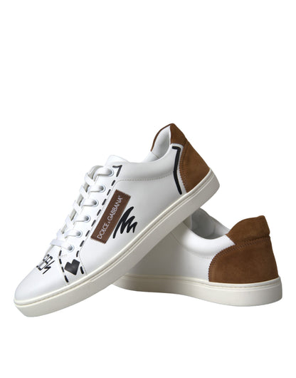 White Brown Leather Logo Low Top Sneakers Shoes