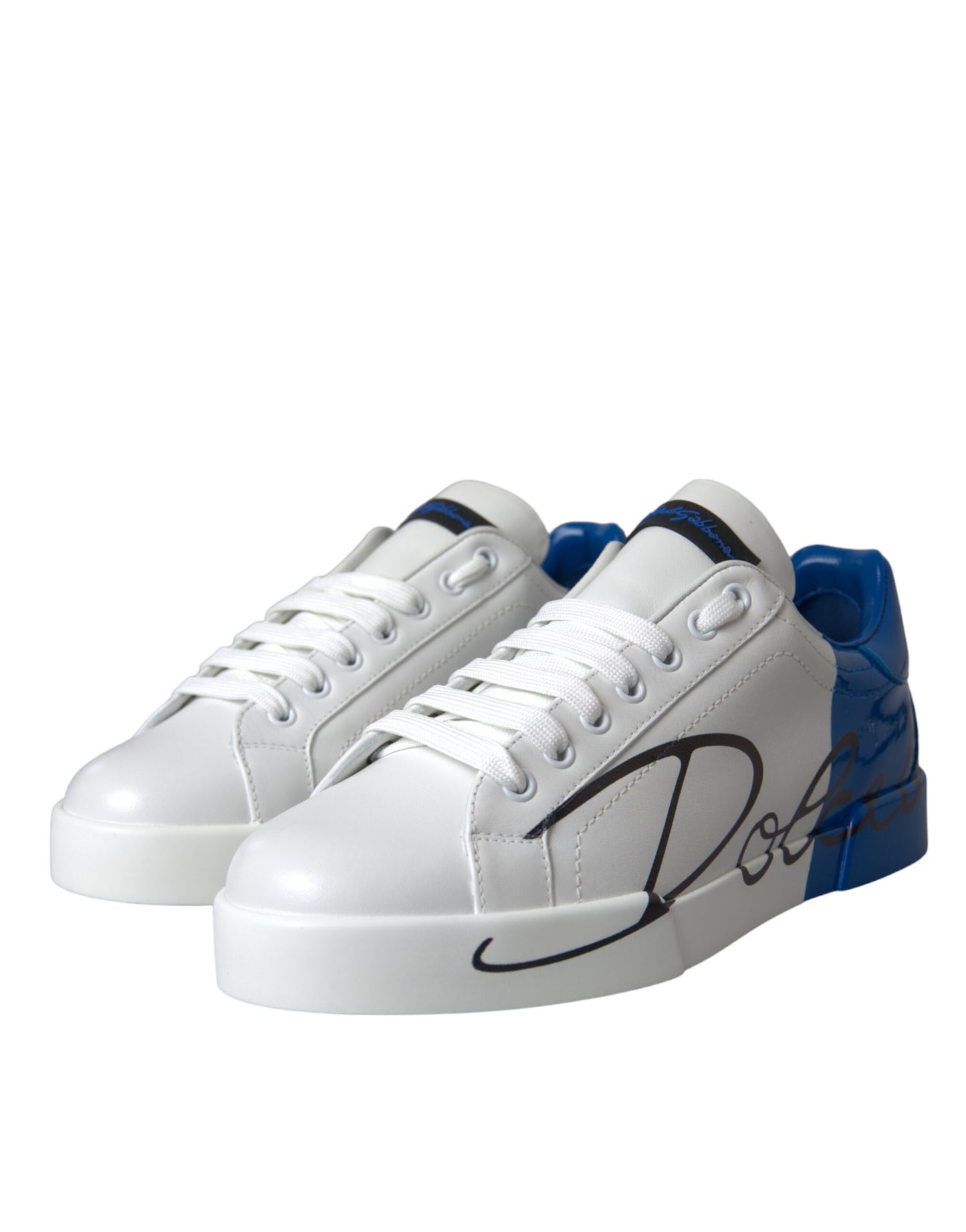 White Blue Leather Logo Low Top Sneakers Shoes