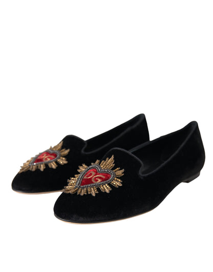 Black Velvet DG Heart Loafers Flats Shoes