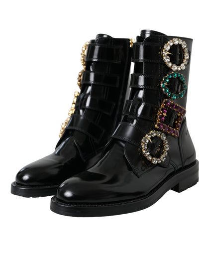 Black Leather Crystal Buckles Boots Shoes