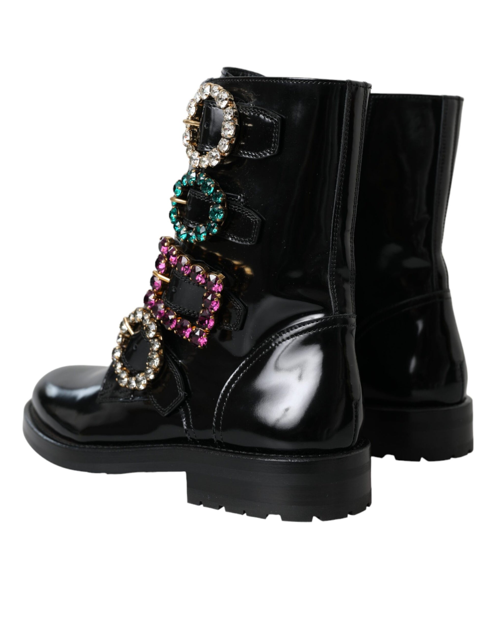 Black Leather Crystal Buckles Boots Shoes