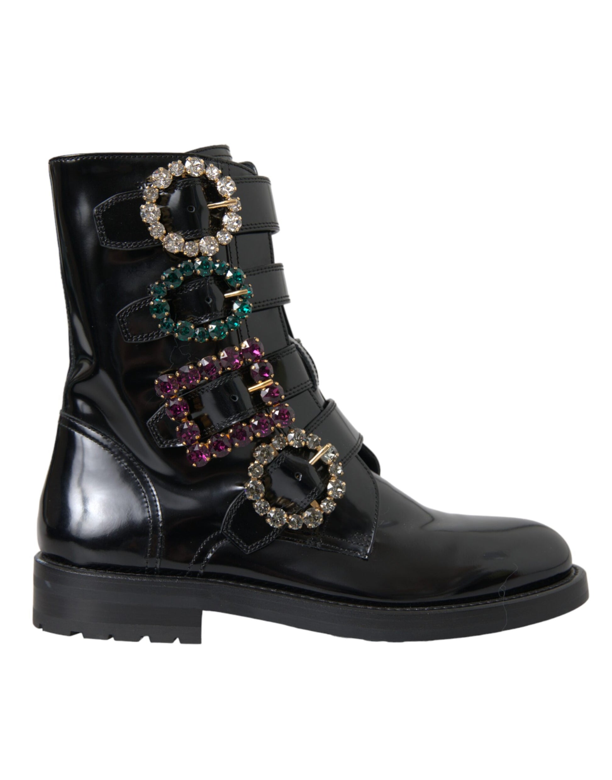 Black Leather Crystal Buckles Boots Shoes