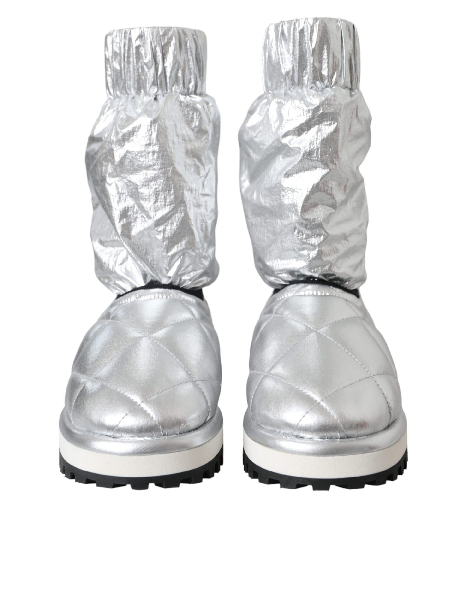 Metallic Silver Quilted Logo Patch Boot Shoes