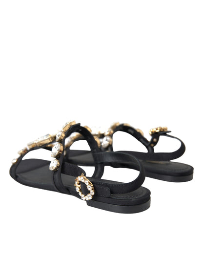 Black Leather Crystal Flats Sandals Shoes