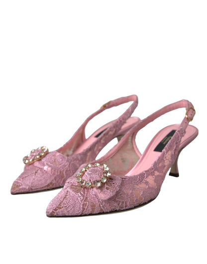 Pink Taormina Lace Crystal Heel Slingbacks Shoes