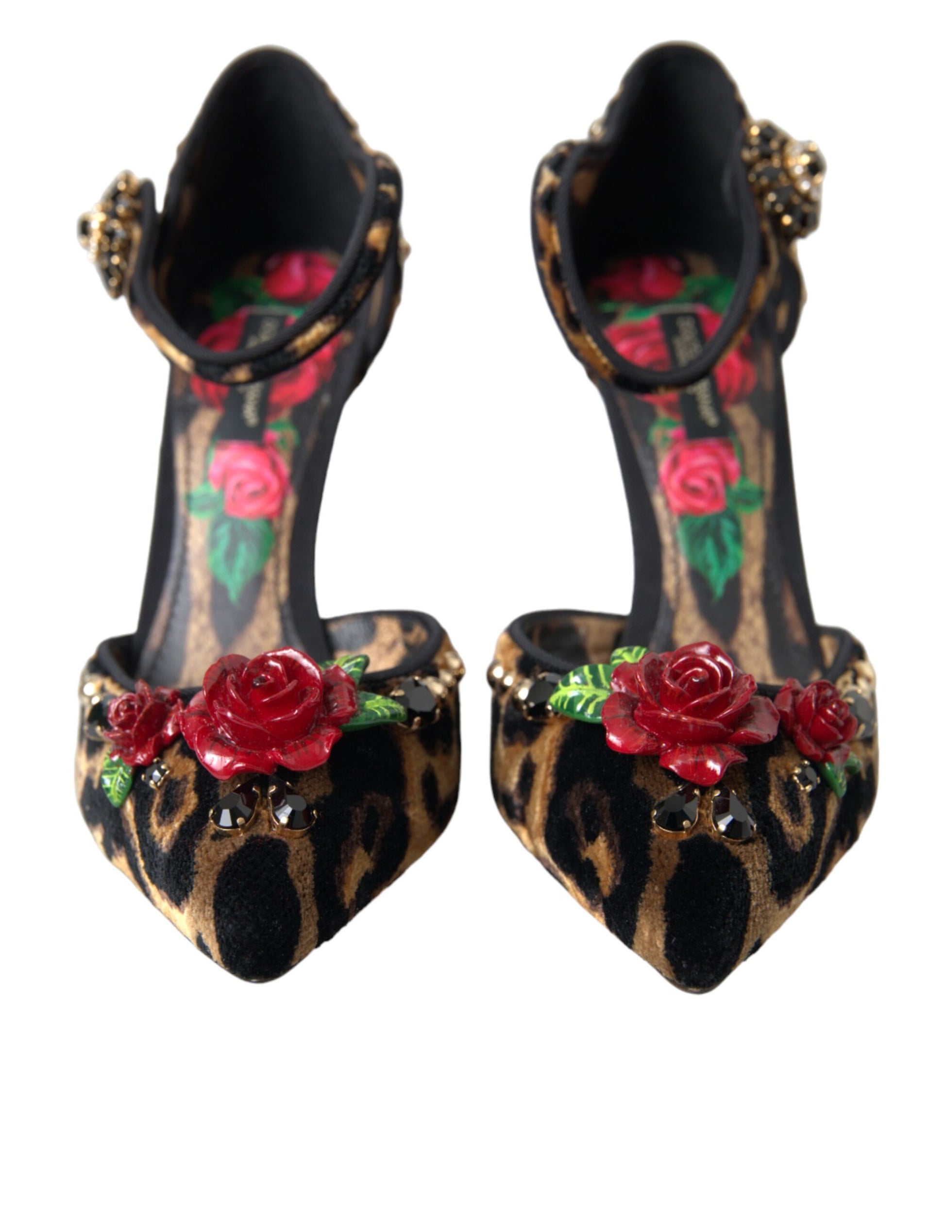 Brown Leopard Floral Crystal Mary Janes Pumps Shoes