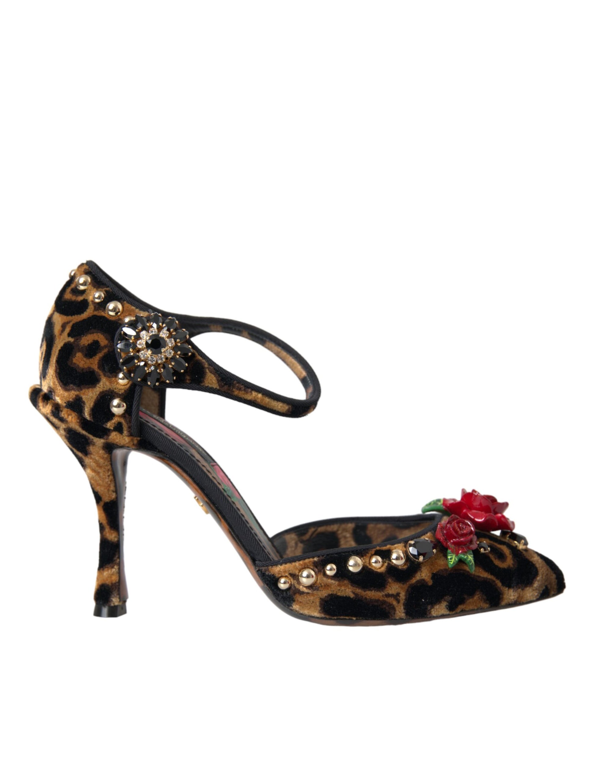 Brown Leopard Floral Crystal Mary Janes Pumps Shoes