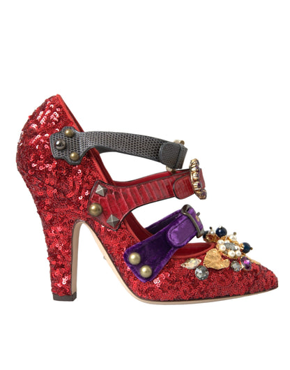 Red Sequined Crystal Mary Janes Pumps Shoes