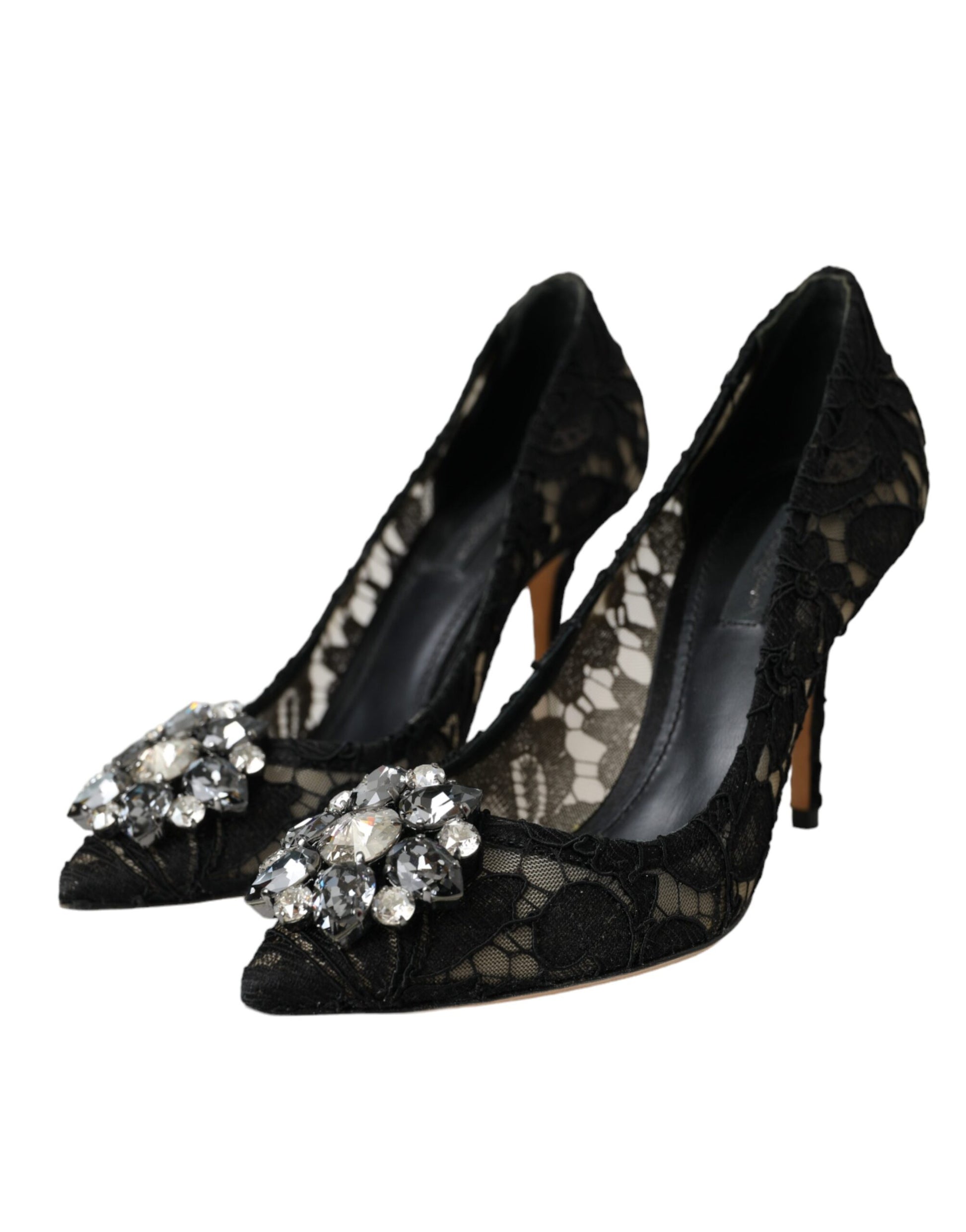 Black Taormina Lace Crystal Heel Pumps Shoes